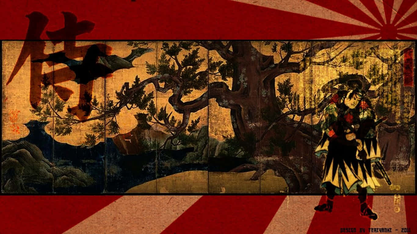 桌布 壁紙 — 一位武士戰士站在一棵盤根錯節的松樹下，這是一幅傳統日本屏風畫，以紅色太陽爆發和漢字為邊框。