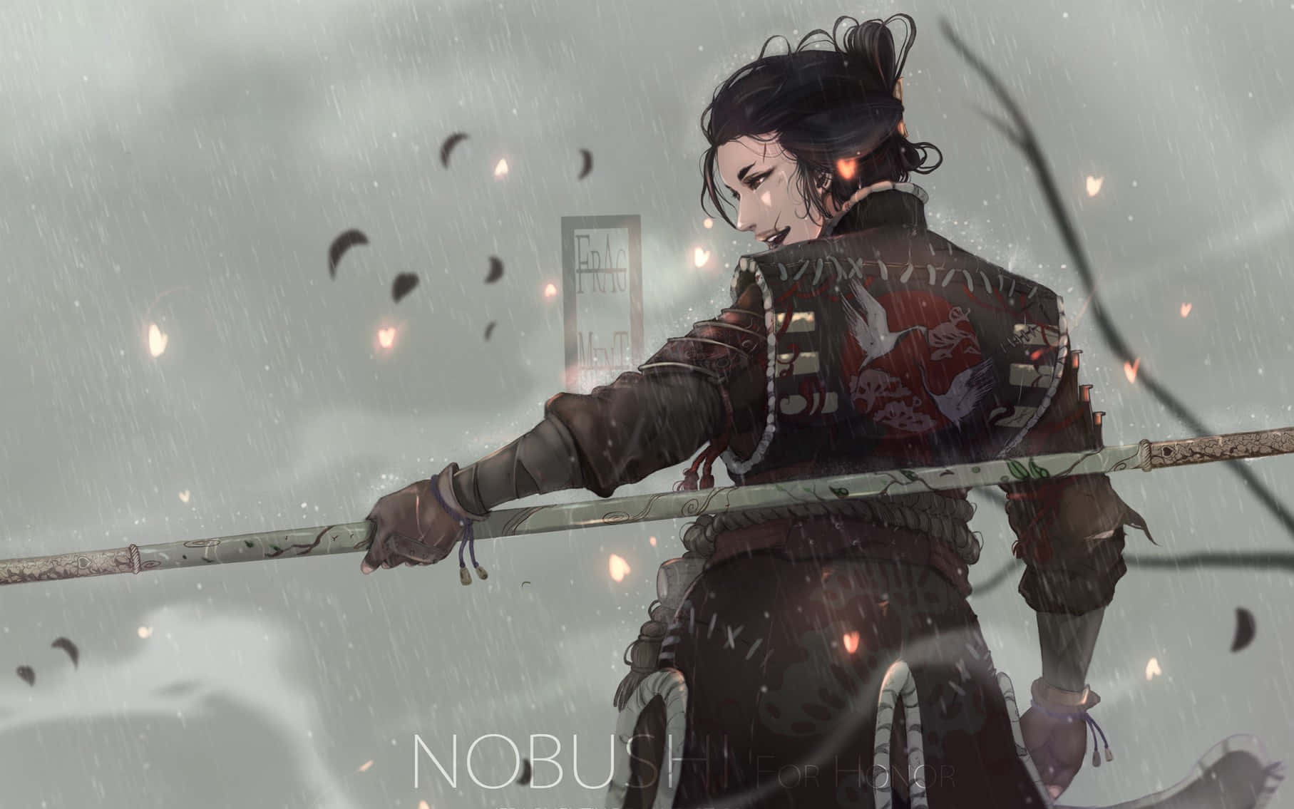 Female Samurai For Honor 桌布 壁紙 — 一位武士戰士站在暴雨中，手持長刀，櫻花在灰色的天空中飄舞。