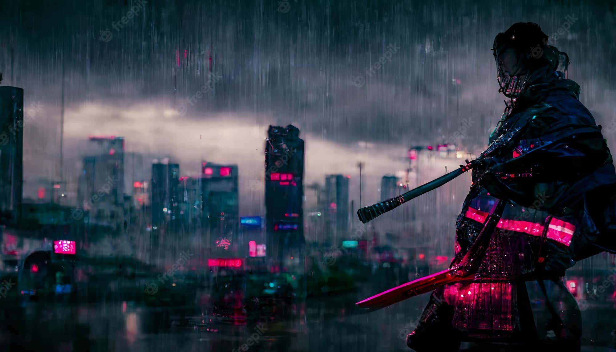 Dark Samurai 桌布 壁紙 — 一位武士戰士站在被雨水浸透的霓虹城市景觀中，在黑暗暴風雨的天空下握著發光的劍。