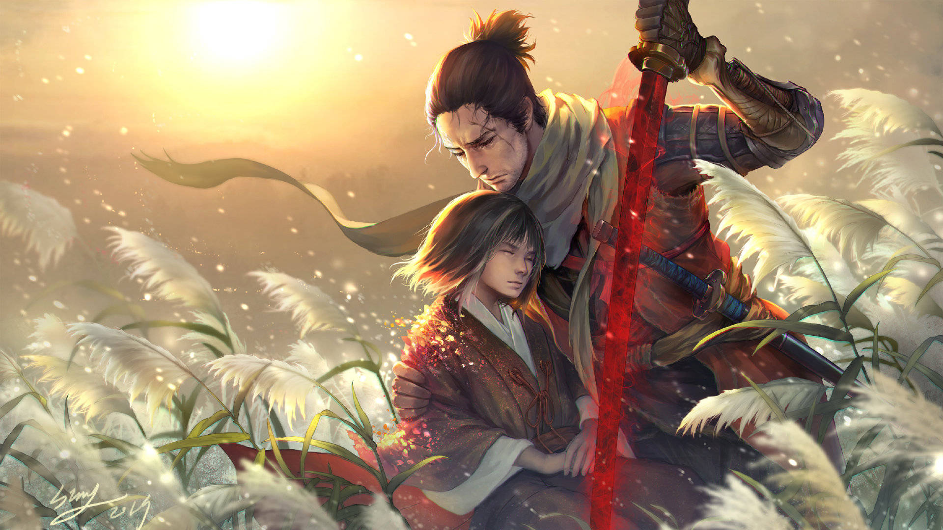 Sekiro 桌布 壁紙 — 一位武士手持發光的紅色劍，在溫暖的金色夕陽下，在高高的白色蘆葦中保護著一個年輕女孩。