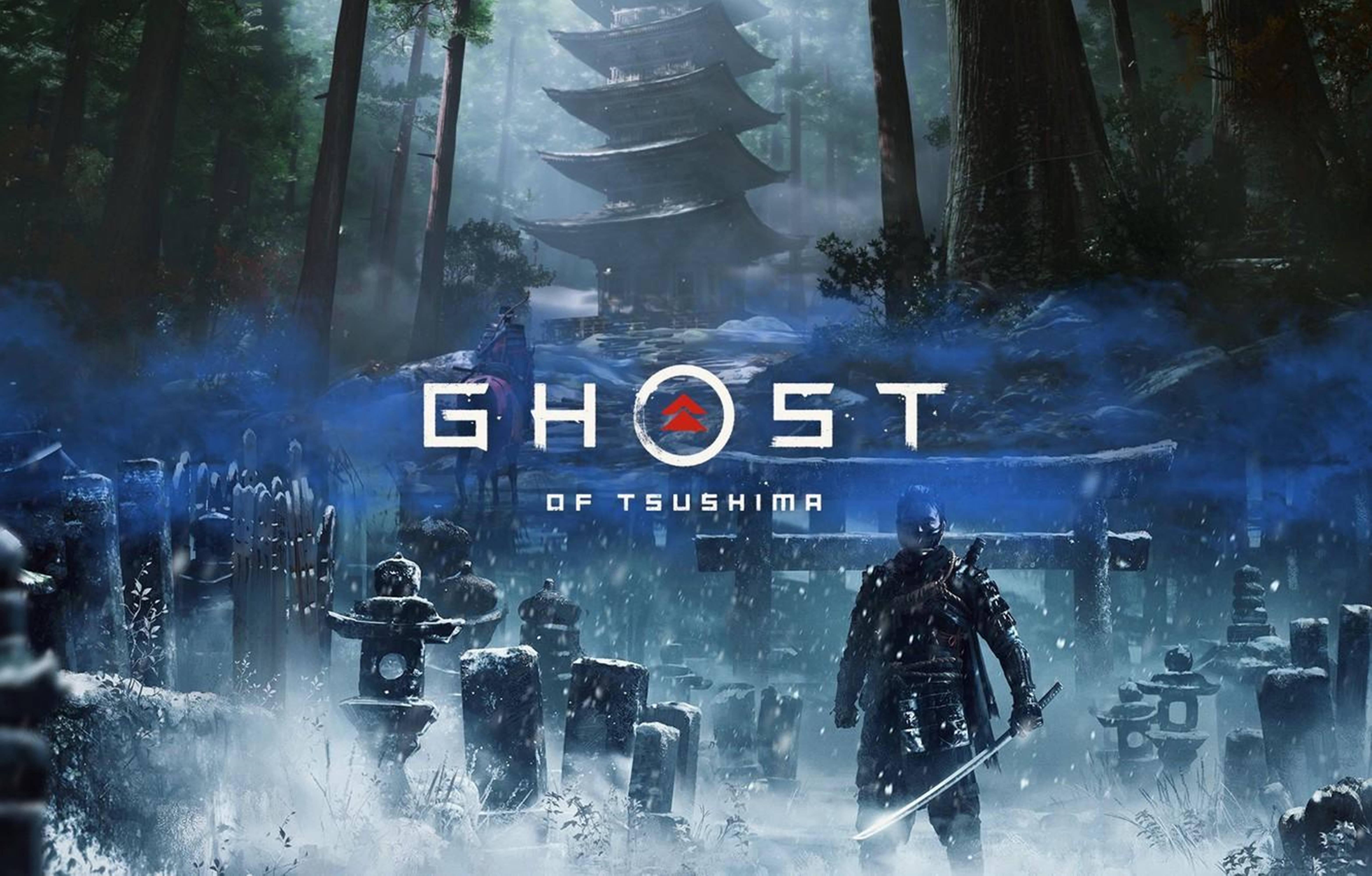Ghost Of Tsushima 桌布 壁紙 — 一位武士站在白雪覆蓋的日本森林墓地中，霧藍色的光中有一座寶塔。