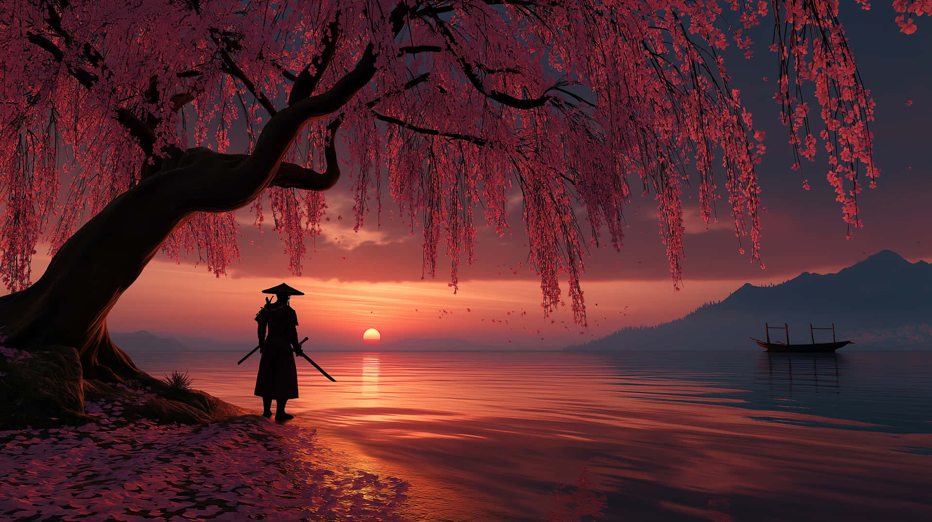 Warrior Under Weeping Blossom Tree at Lakeside Sunset 壁紙 — 一位武士站在盛開的櫻花樹下，在日落時分，看著一艘孤獨的小船在平靜的水面上漂流。