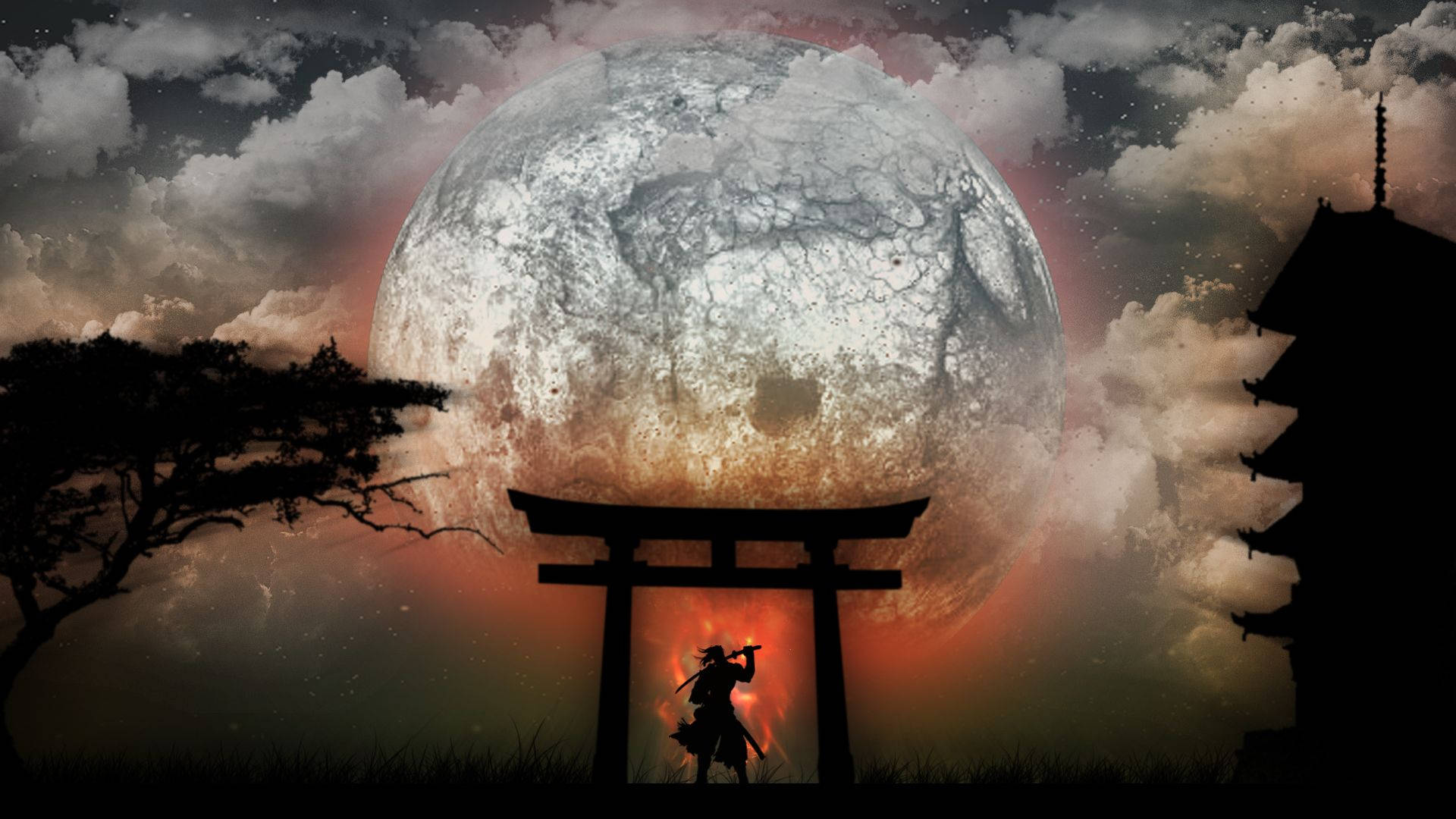日本武士 桌布 壁紙 — 一位武士站在鳥居下，背後巨大的裂月從旋轉的雲層中隱現。