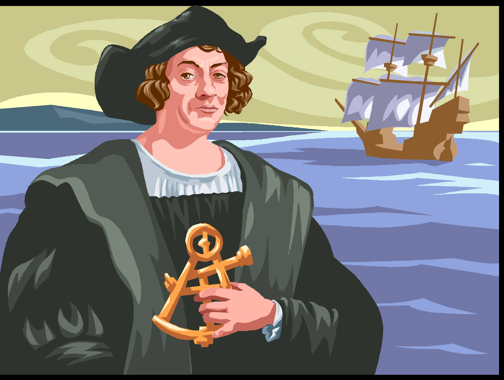 Columbus Day 桌布 壁紙 — 一位歷史探險家戴著黑色帽子，手持金色星盤，背景是海洋和帆船。