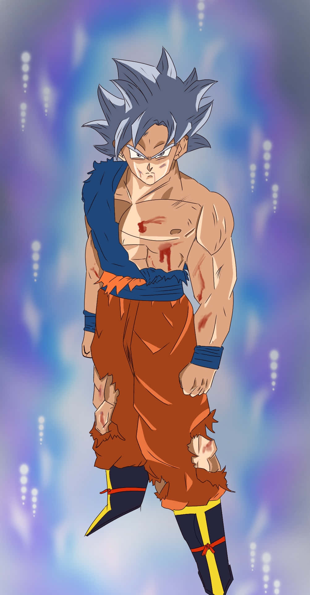 Mui Goku 桌布 壁紙 — 一位歷經戰鬥的動漫戰士，有著尖刺銀髮和破損的橙色道服，挑釁地站在發光的紫色和藍色宇宙背景前。