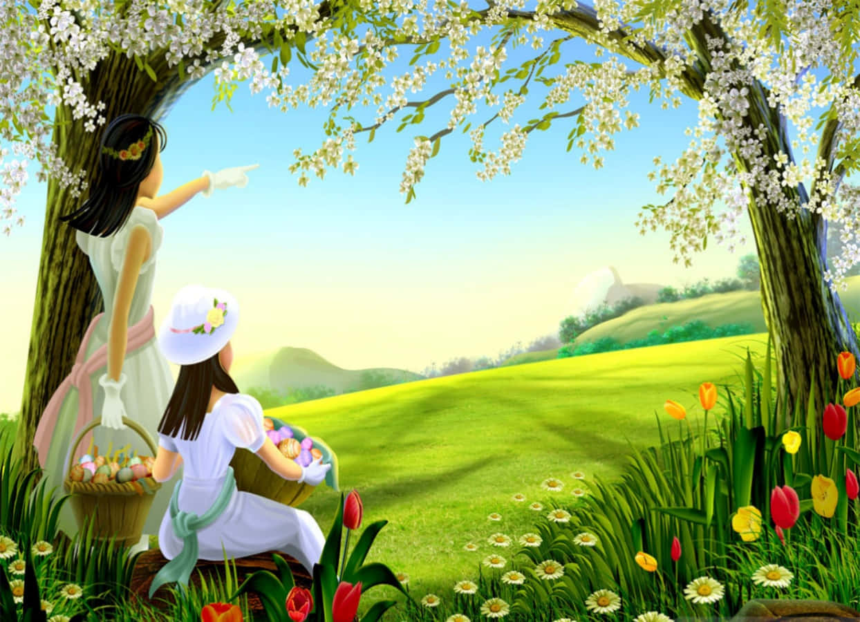 Easter 桌布 壁紙 — 一位母親和女兒穿著白色連衣裙坐在盛開的櫻花樹下，陽光明媚的草地上充滿了五顏六色的鬱金香和雛菊。