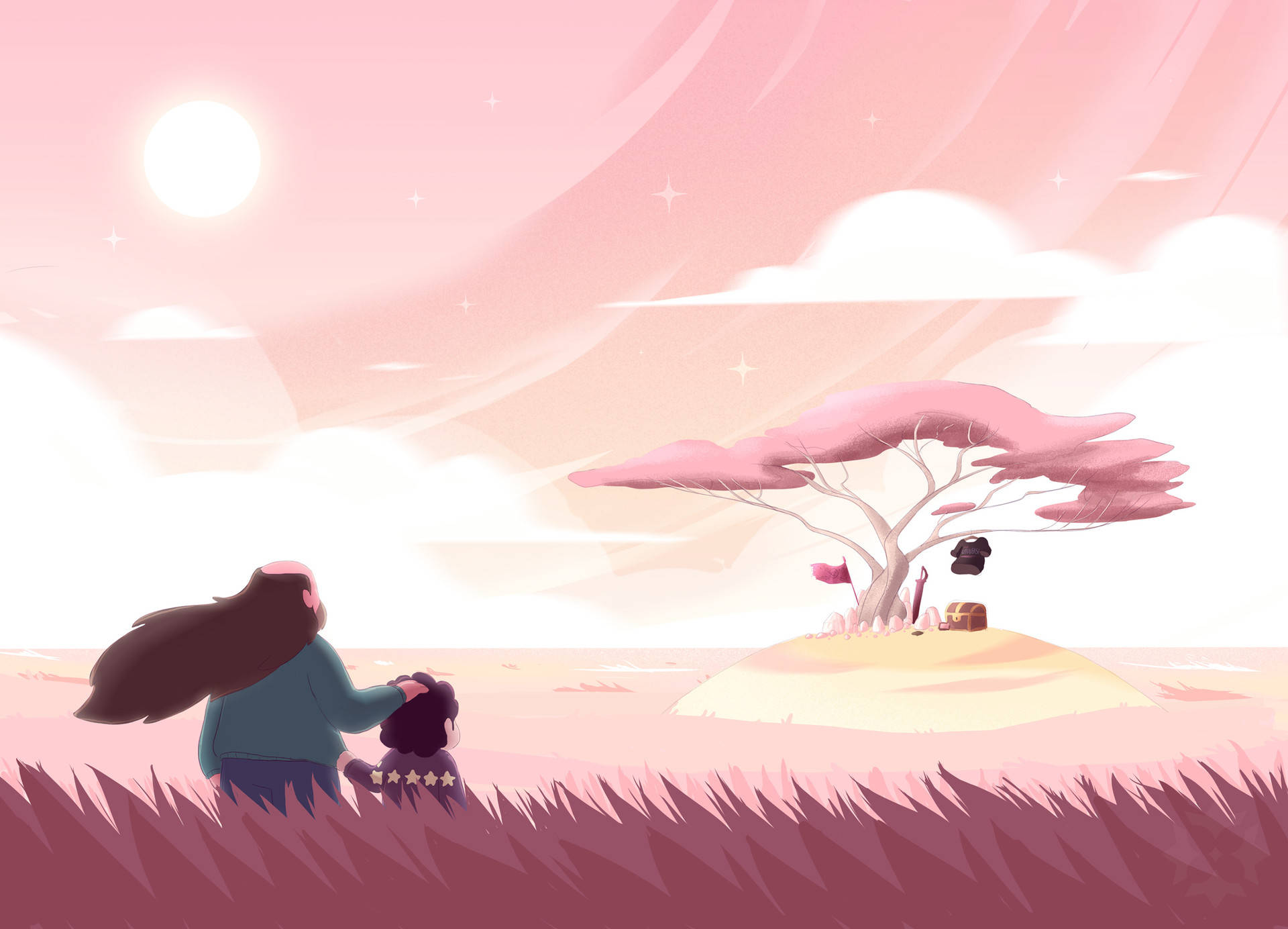 Steven Universe iPad 桌布 壁紙 — 一位母親和孩子凝視著一座小山丘上孤獨的粉紅色樹木，天空柔和粉紅，陽光明亮。