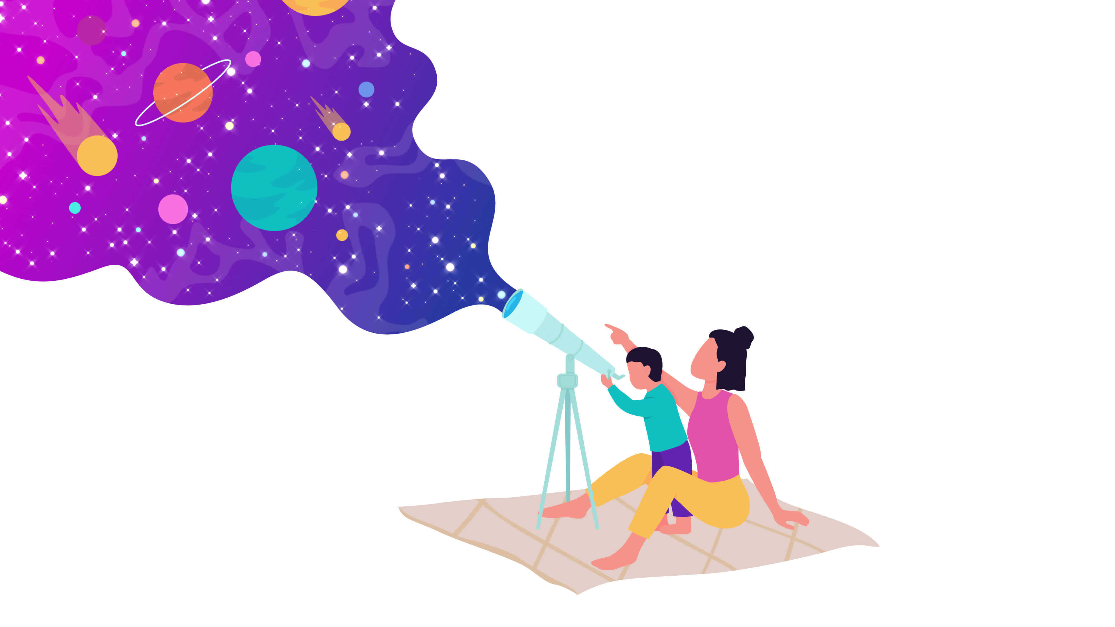 Stars 桌布 壁紙 — 一位母親和孩子坐在毯子上，透過望遠鏡凝視，一個充滿活力的宇宙星雲從鏡頭中迸發出來。