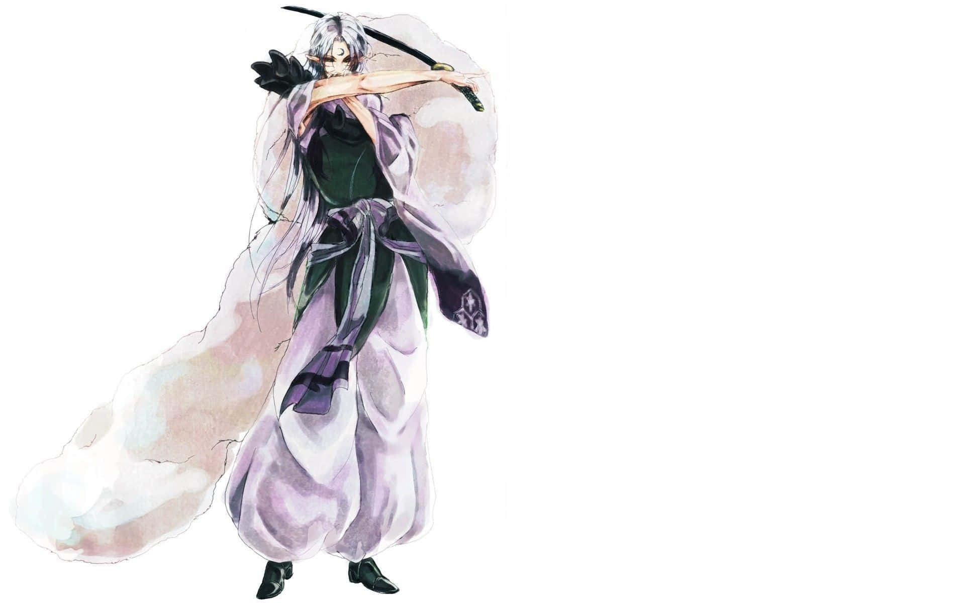 Sesshomaru 桌布 壁紙 — 一位水彩風格的動漫戰士，銀色長髮，身穿飄逸的薰衣草色長袍，在純白背景前拔出一把武士刀。