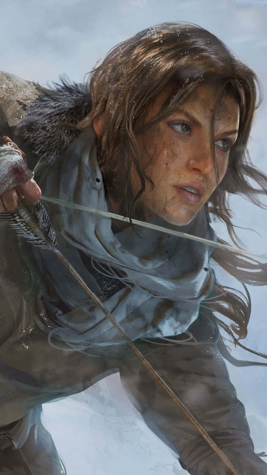 iPhone Xs Rise Of The Tomb Raider 桌布 壁紙 — 一位決心堅定的冒險家，濕髮披肩，戴著毛皮襯裡的兜帽，在白雪皚皚、風吹雪打的荒野中拉弓。