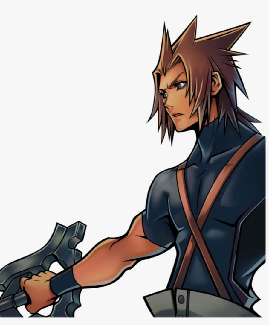 Kingdom Hearts Terra 桌布 壁紙 — 一位決心堅定的動漫戰士，擁有刺刺的棕色頭髮，緊握著一把巨大的鑰刃，身穿深藍色服裝搭配棕色綁帶，背景為純白色。