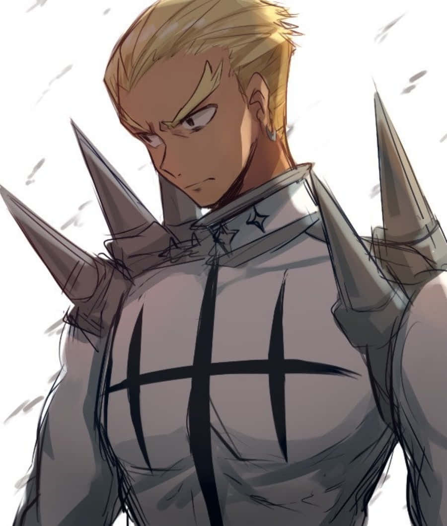 Ira Gamagoori 桌布 壁紙 — 一位決心堅定的動漫戰士，擁有尖刺金髮和裝甲胸甲，在雪景背景下凝視著。
