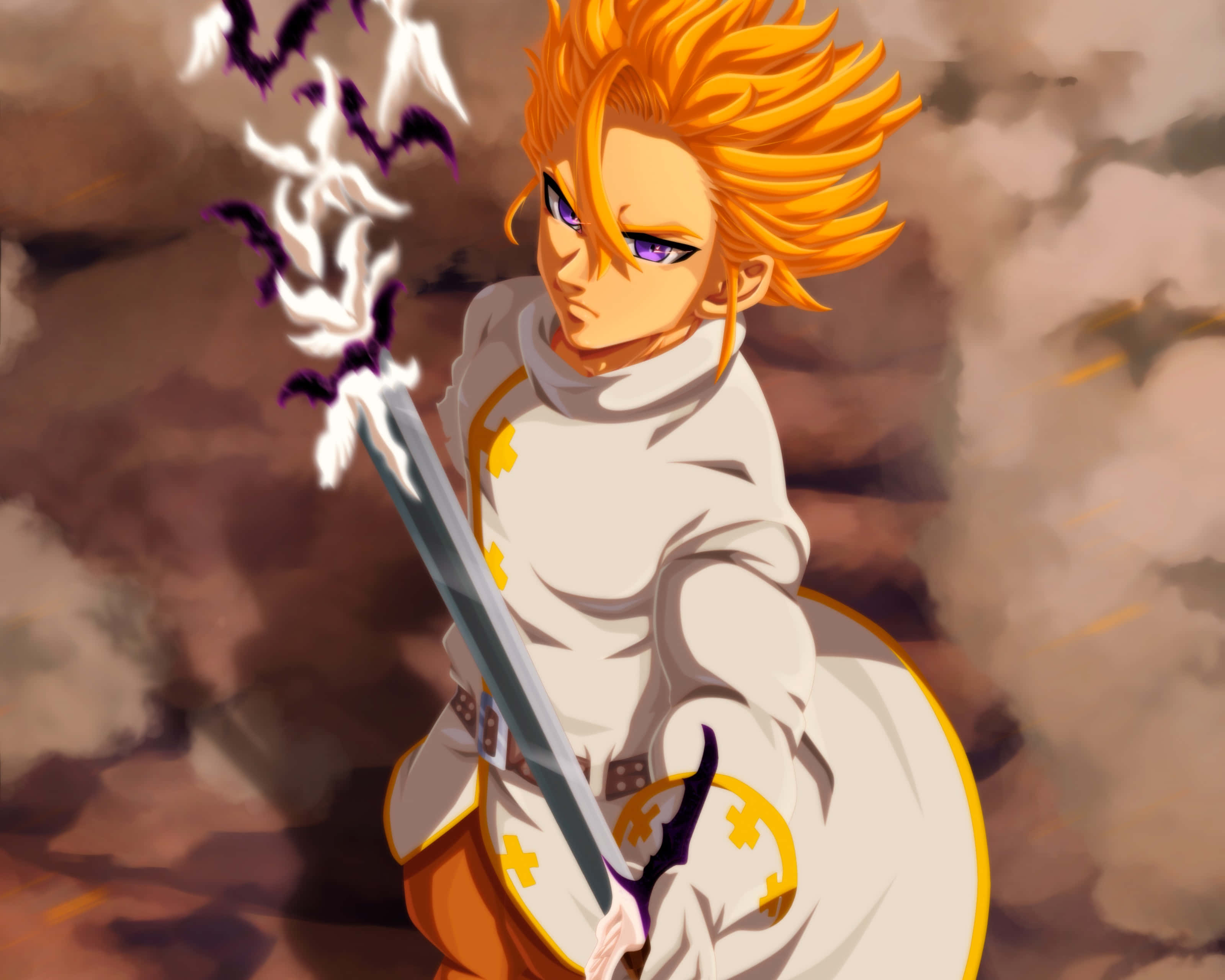 Seven Deadly Sins Arthur Pendragon 桌布 壁紙 — 一位決心堅定的動漫戰士，擁有尖刺的橙色頭髮，在旋轉的烏雲中揮舞著發光的劍。