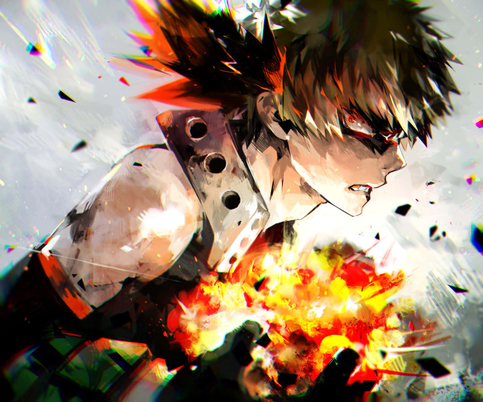 Bakugo 桌布 壁紙 — 一位決心堅定的動漫戰士，擁有尖刺頭髮和紅色眼睛，在破碎的背景前從手中釋放出熾熱的爆炸。