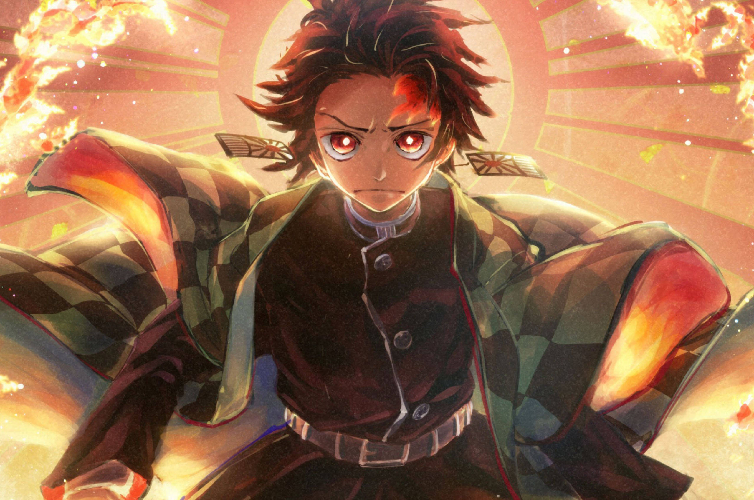 tanjiro pfp 桌布 壁紙 — 一位決心堅定的動漫戰士，擁有火紅的眼睛和格子羽織，站在爆炸性的火焰和耀眼的光芒中。