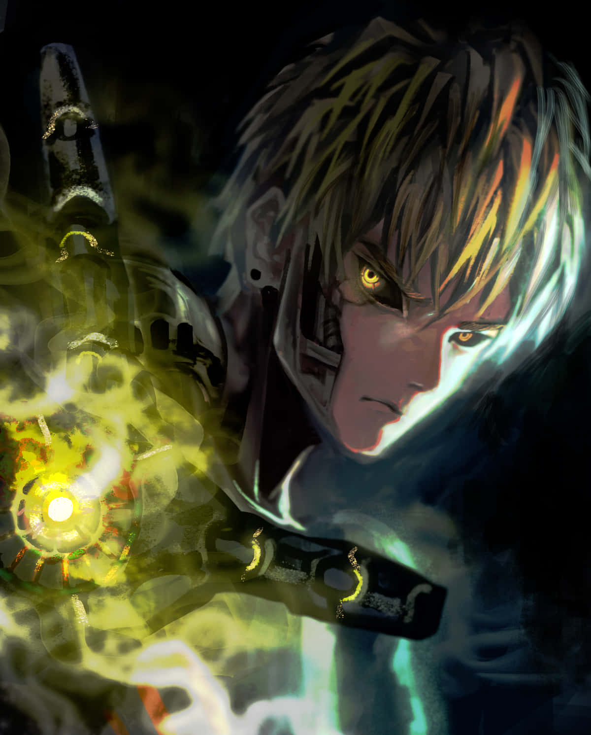 Genos 桌布 壁紙 — 一位決心堅定的動漫戰士，擁有發光的黃色眼睛，在黑暗背景中從手中引導火焰能量。