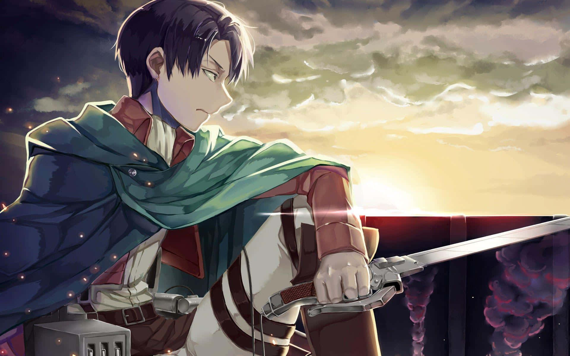 Levi Ackerman Desktop 桌布 壁紙 — 一位決心堅定的動漫戰士，身穿綠色斗篷，在佈滿暴風雲的戲劇性日落天空下緊握著劍。