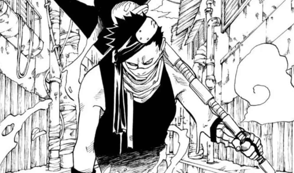 Naruto Manga 桌布 壁紙 — 一位決心堅定的動漫戰士，頭戴頭巾、身穿無袖襯衫，在陰暗的小巷中緊握著劍。