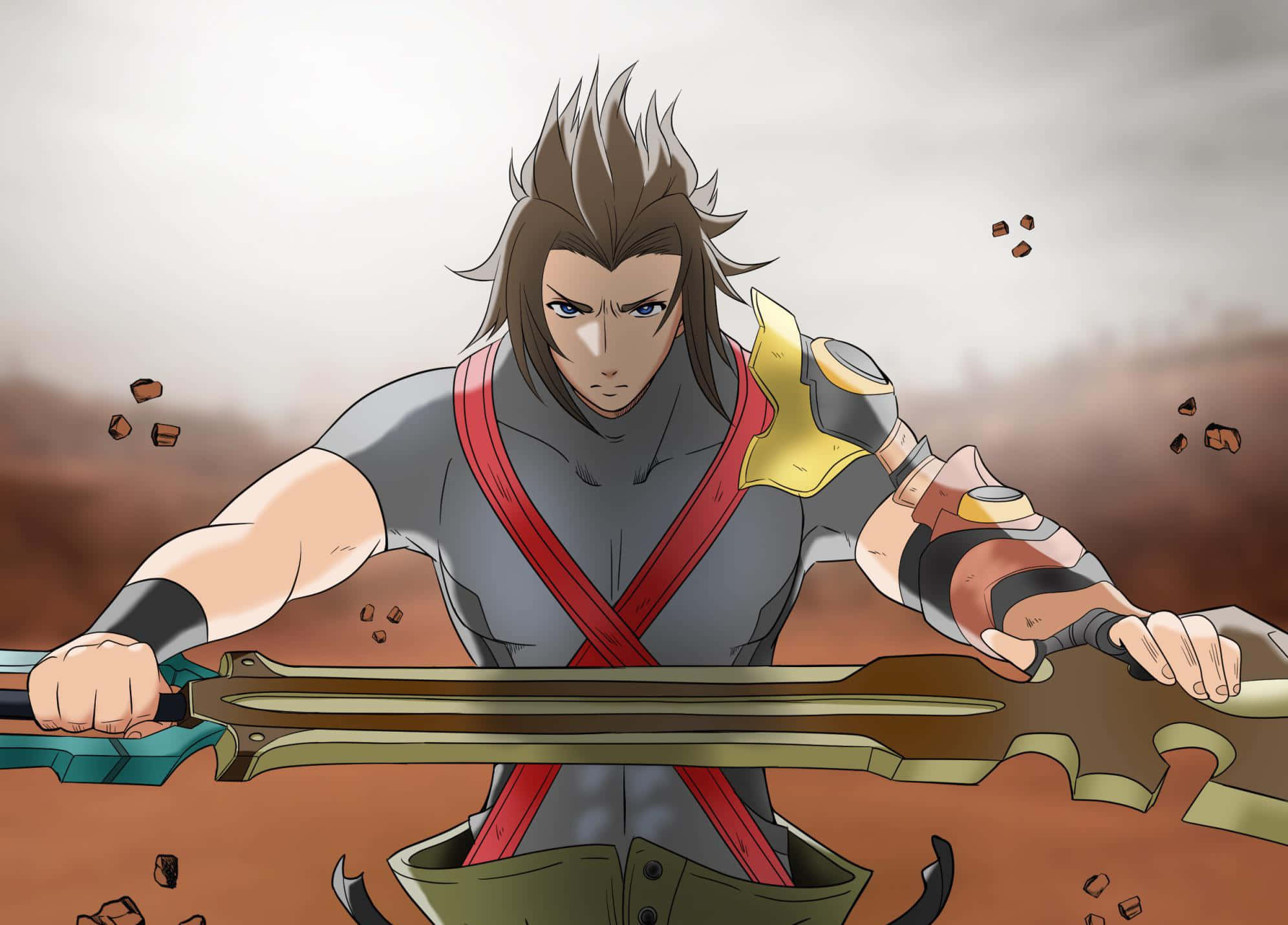 Kingdom Hearts Terra 桌布 壁紙 — 一位決心堅定的動漫戰士，頭髮尖刺，在塵土飛揚的戰場上緊握一把大劍，碎片在他周圍飛舞。
