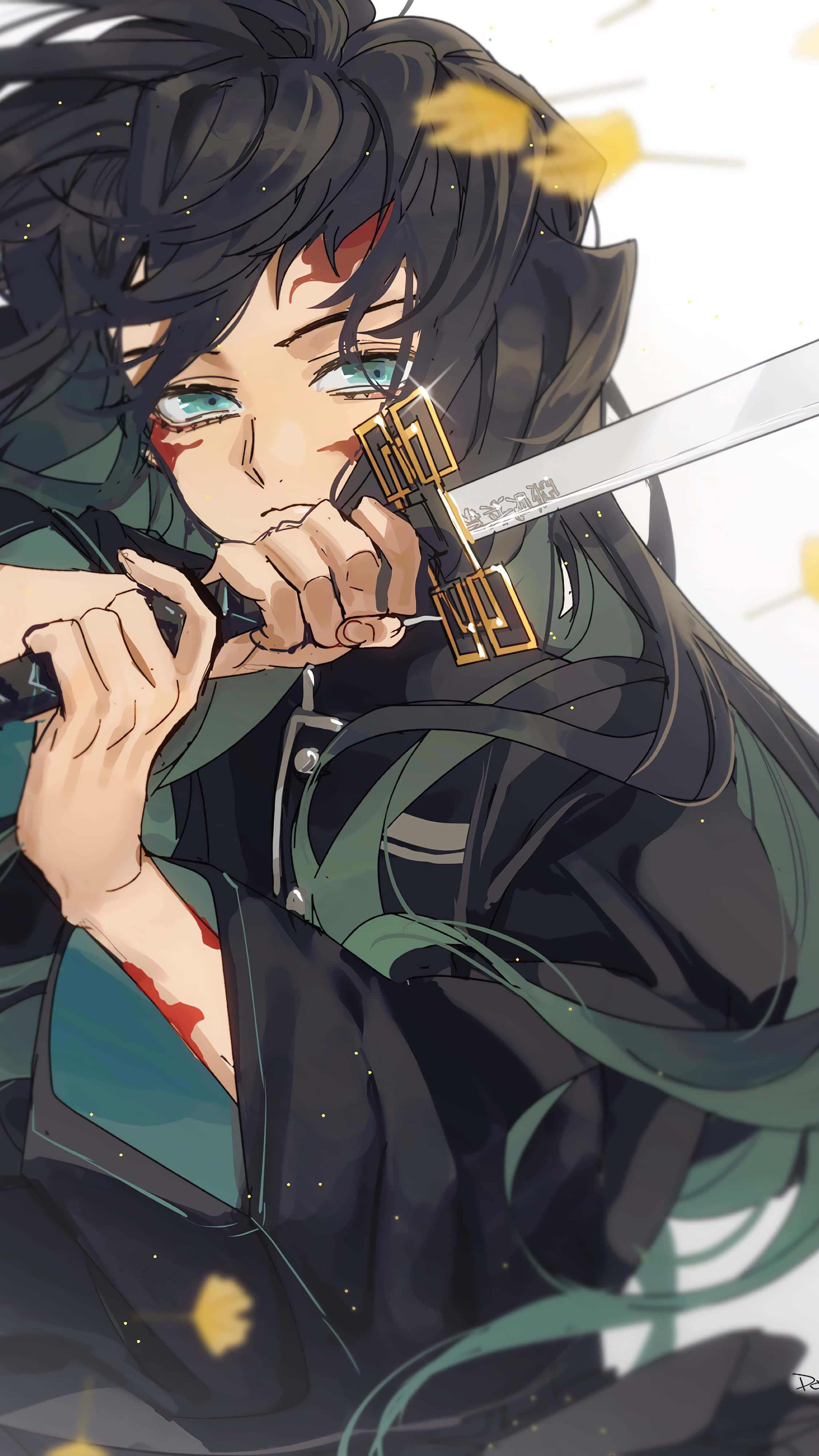 Kimetsu No Yaiba 桌布 壁紙 — 一位決心堅定的動漫戰士，黑髮碧眼，在明亮的背景下用沾滿鮮血的雙手緊握著劍。