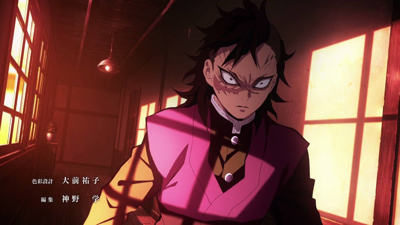 genya 桌布 壁紙 — 一位決心堅定的動漫戰士身穿粉紅色和服，站在陽光普照的木製走廊中，眼神銳利，陰影分明。