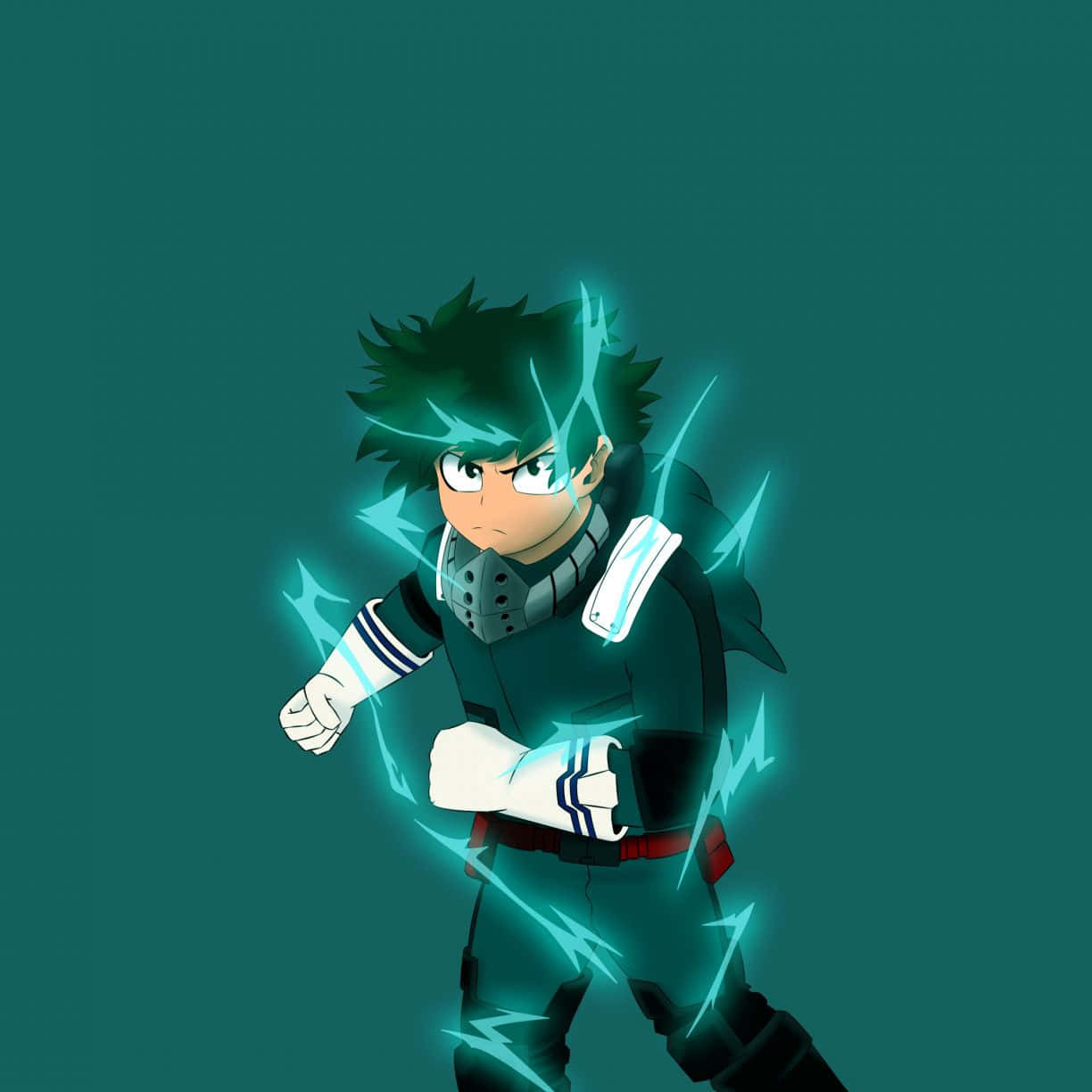 Izuku Midoriya 桌布 壁紙 — 一位決心堅定的動漫英雄，擁有尖刺般的綠色頭髮，藍色閃電在他拳頭周圍噼啪作響，背景為青綠色。