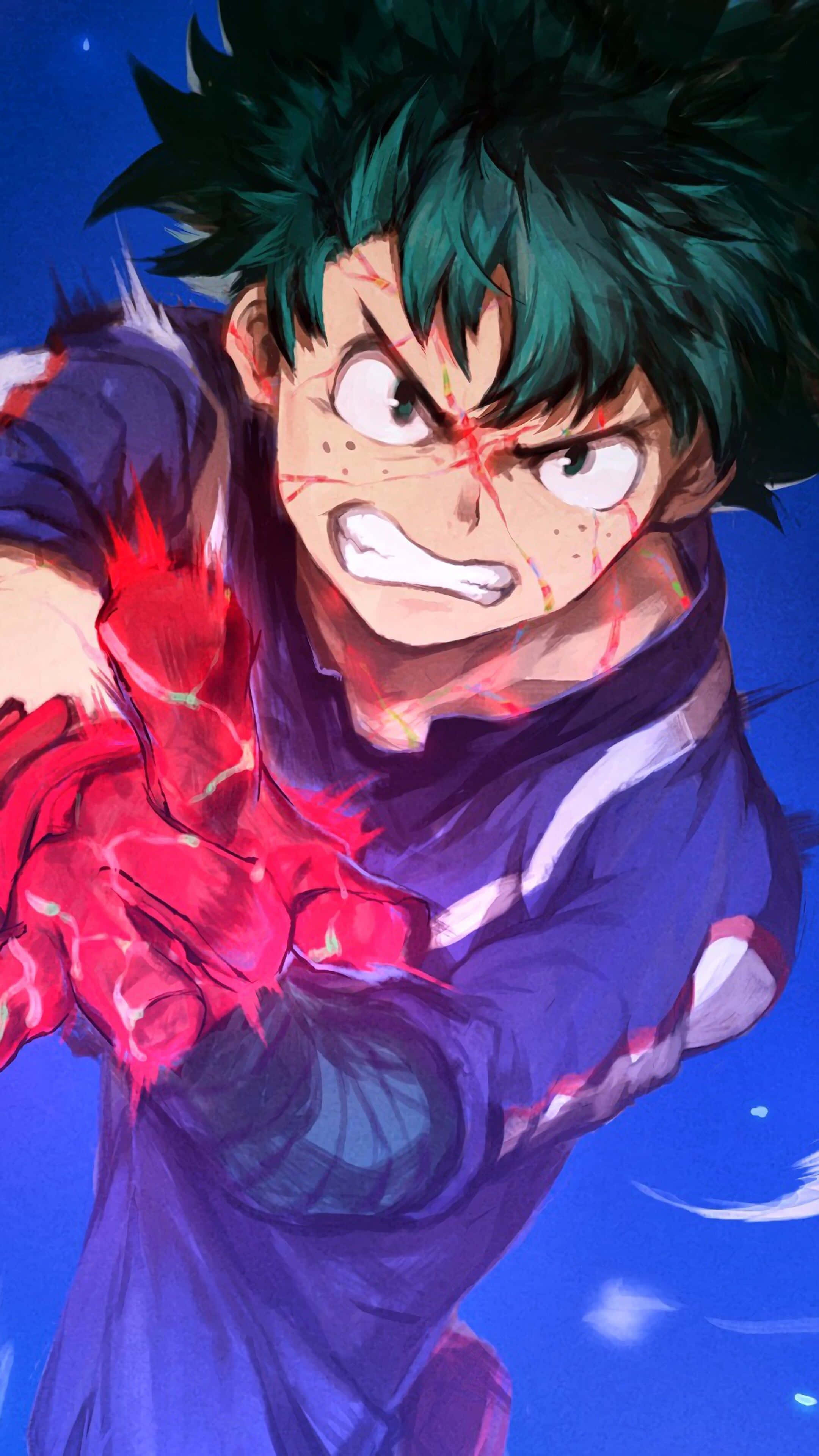 Cute Boy Anime 桌布 壁紙 — 一位決心堅定的動漫英雄，擁有綠色頭髮和紅色能量拳頭，在深藍色背景前向前猛衝。