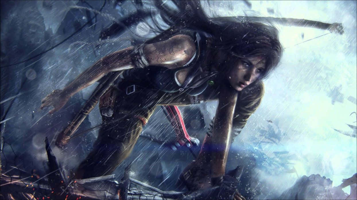 Lara Croft 桌布 壁紙 — 一位決心堅定的女性冒險家身穿深色裝備，在暴風雨背景下拉弓攀登雪崖。