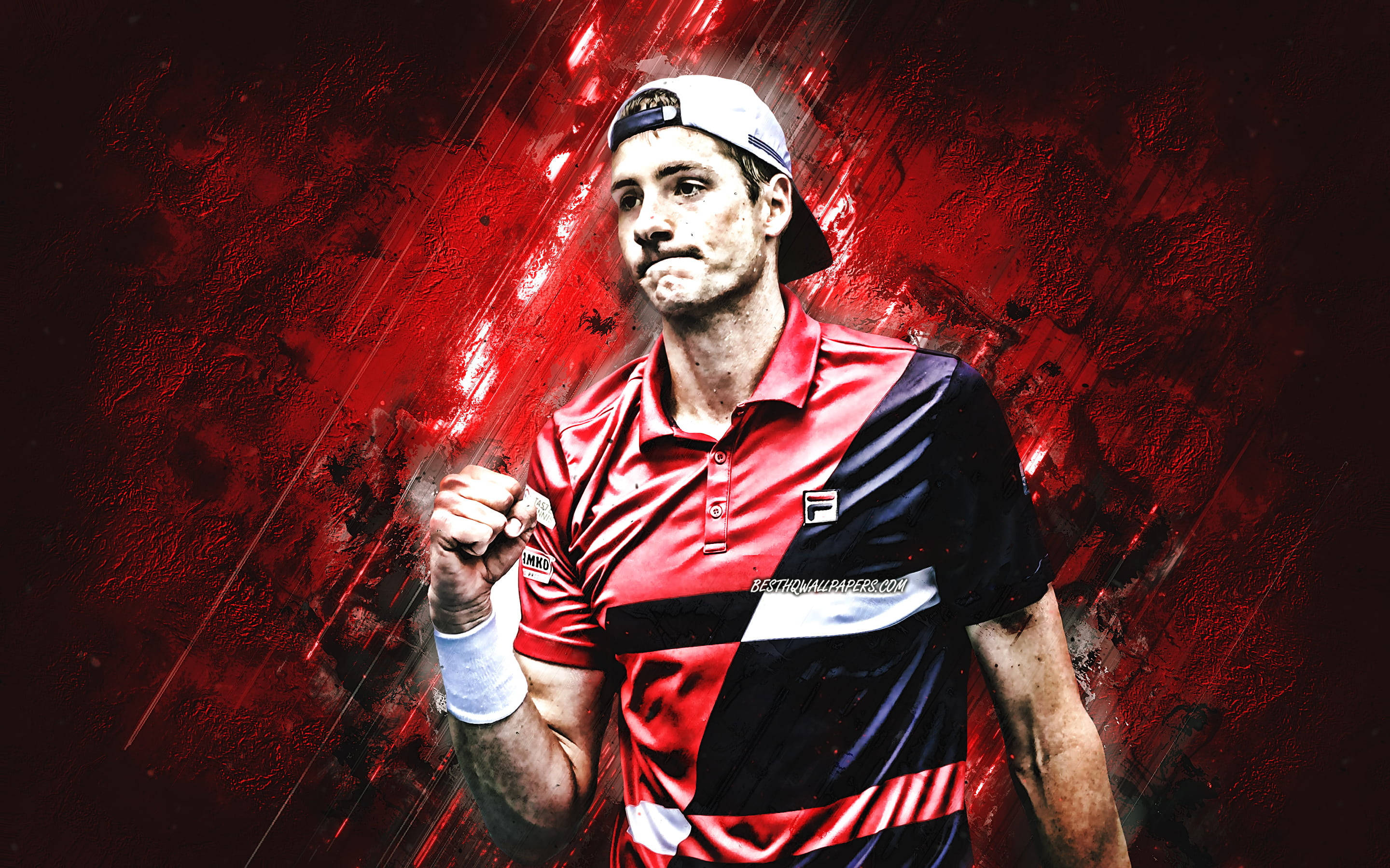 Tennis 桌布 壁紙 — 一位決心堅定的男性網球選手，身穿紅黑裝備，在動態的紅色紋理背景前握緊拳頭。