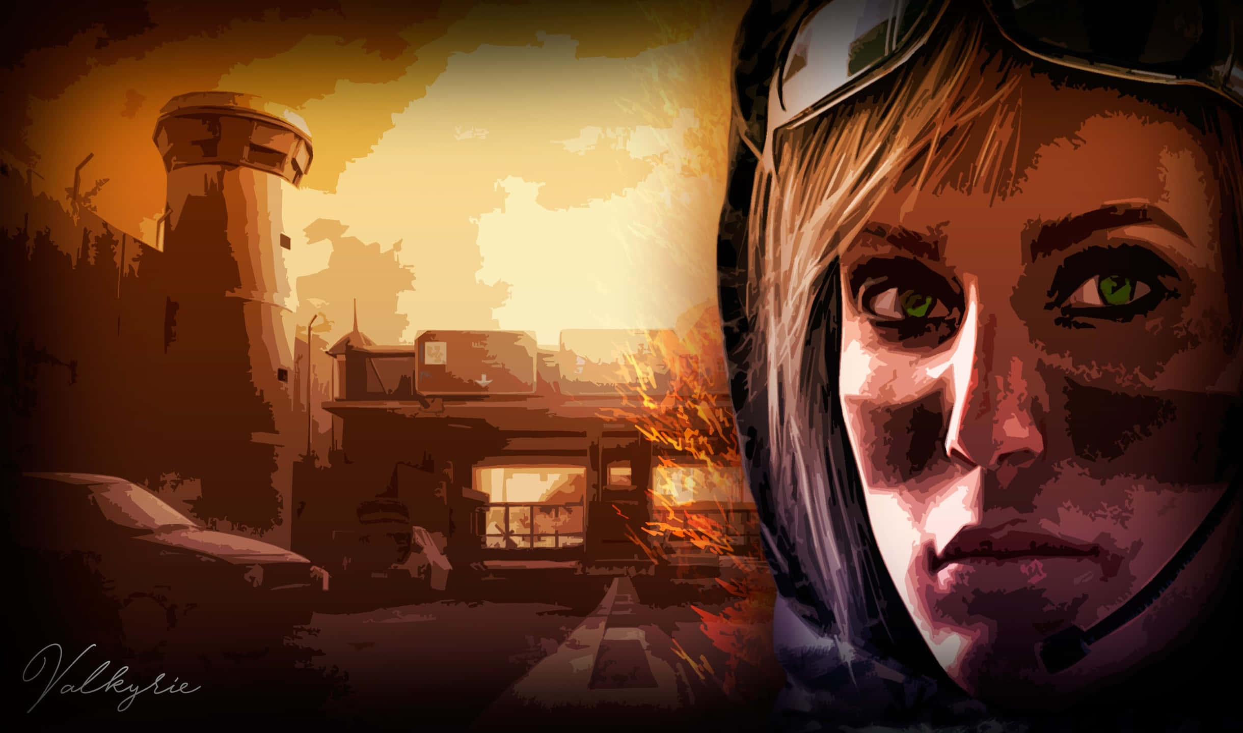 2440x1440 Rainbow Six Siege 桌布 壁紙 — 一位決心堅定的飛行員，擁有綠色眼睛和耳機，直視前方，身後是戰火摧殘的城市景觀，在橙色夕陽光中爆發熾熱的爆炸。