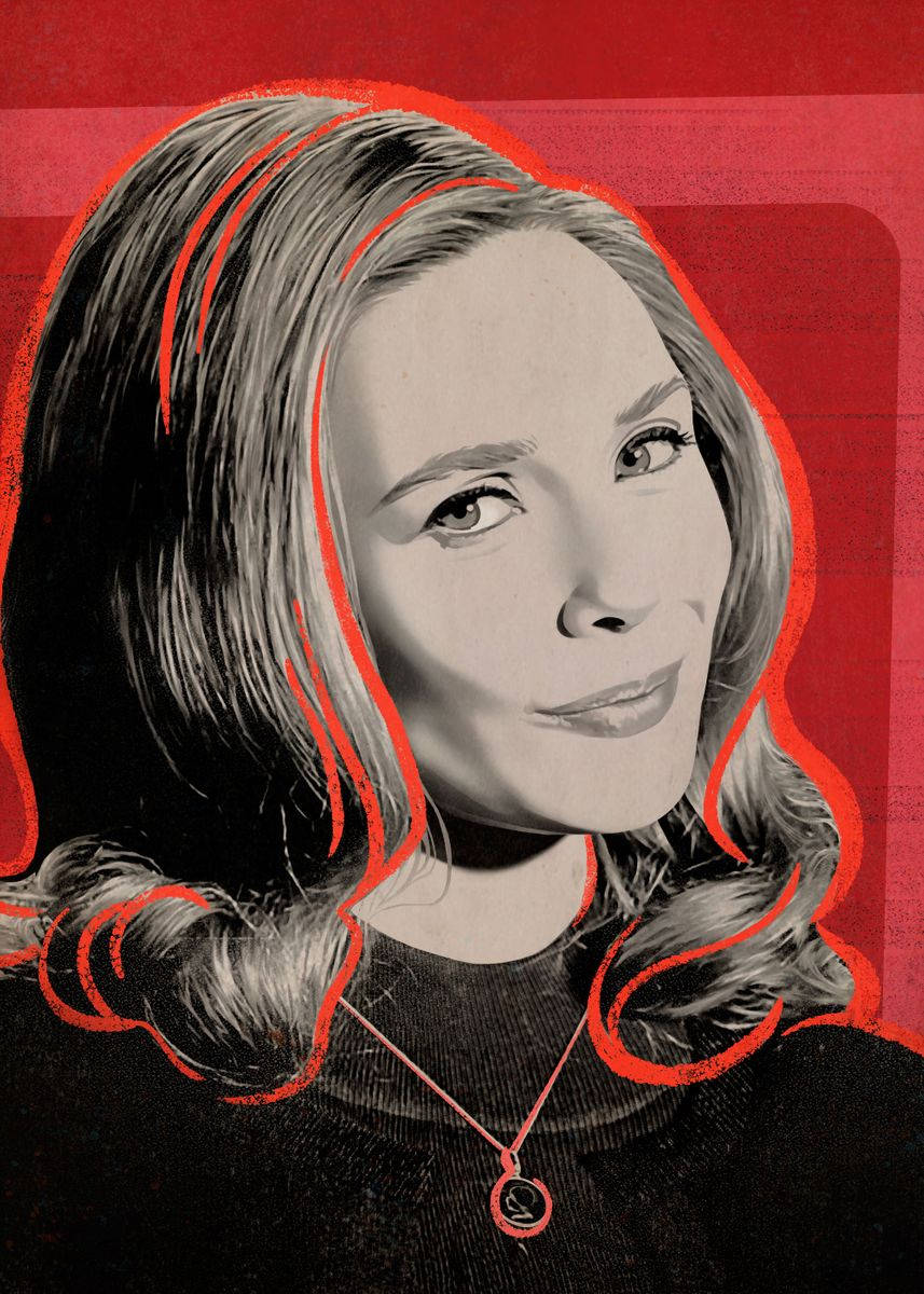 Wanda 桌布 壁紙 — 一位波浪頭髮、戴著項鍊的女性風格化肖像，背景為大膽的紅色，帶有圖形輪廓。
