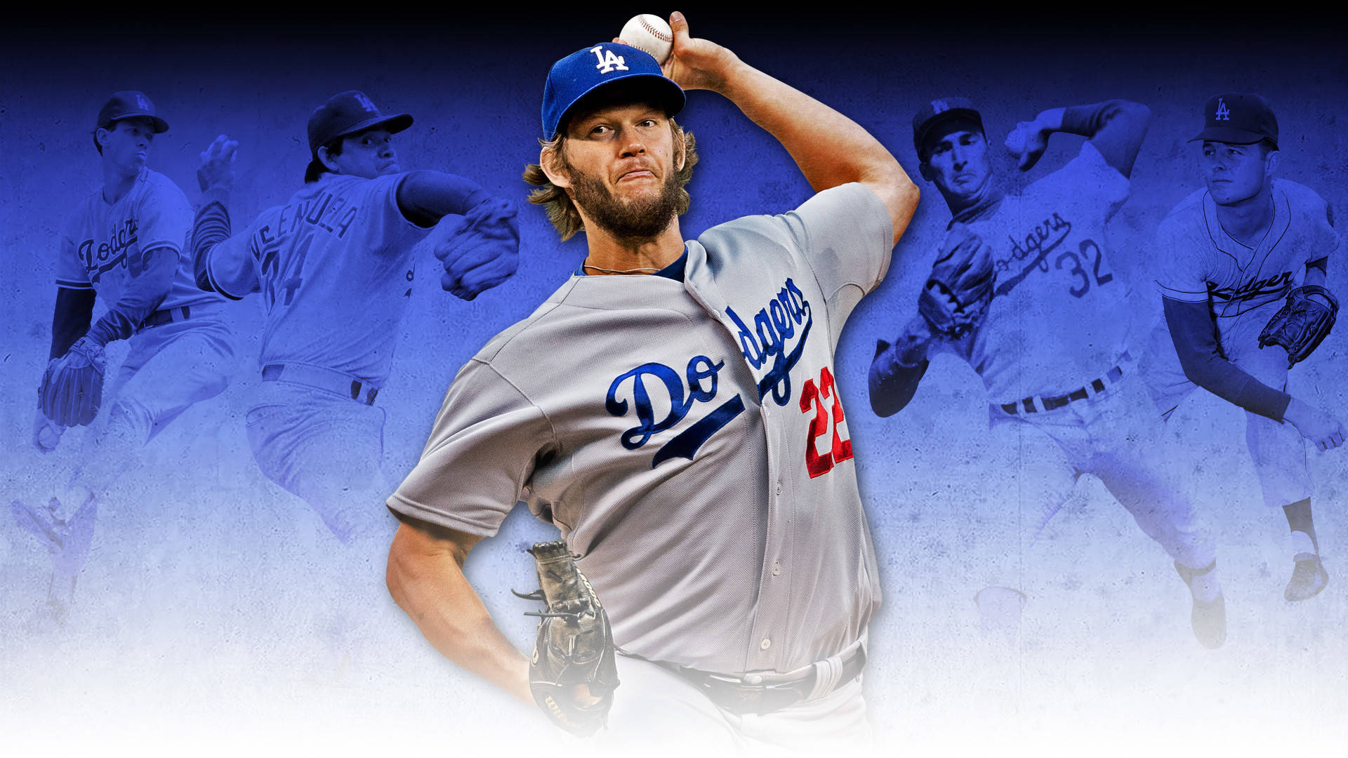 La Dodgers 桌布 壁紙 — 一位洛杉磯道奇隊投手正在投球，背景為藍色漸變，並有過去球員的幽靈重疊影像。