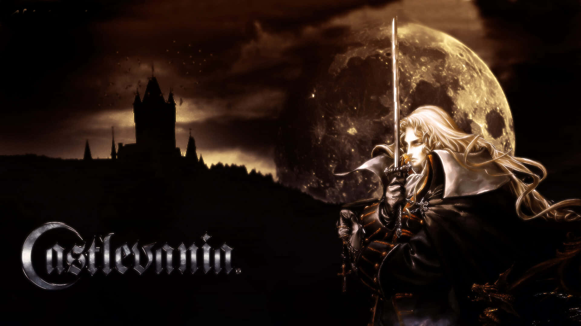 Castlevania 桌布 壁紙 — 一位淡色頭髮的戰士身穿暗色盔甲，在巨大的發光月亮下，於哥德式城堡前持劍。