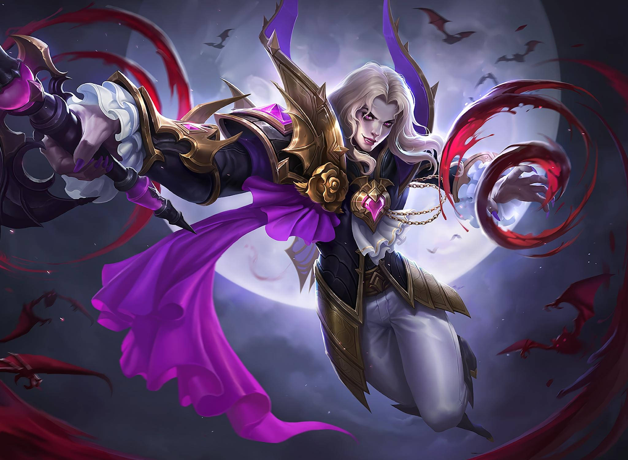 game 桌布 壁紙 — 一位淡色頭髮的戰士身穿華麗盔甲，在滿是蝙蝠和旋轉紅色能量的月光天空下揮舞著發光武器。