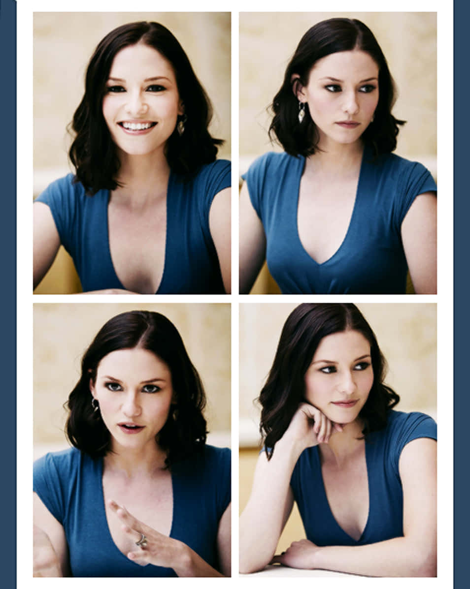 Chyler Leigh 桌布 壁紙 — 一位深色波浪長髮的女性，在溫暖的米色背景下，穿著藍色上衣，拍攝了四張富有表現力的肖像照。
