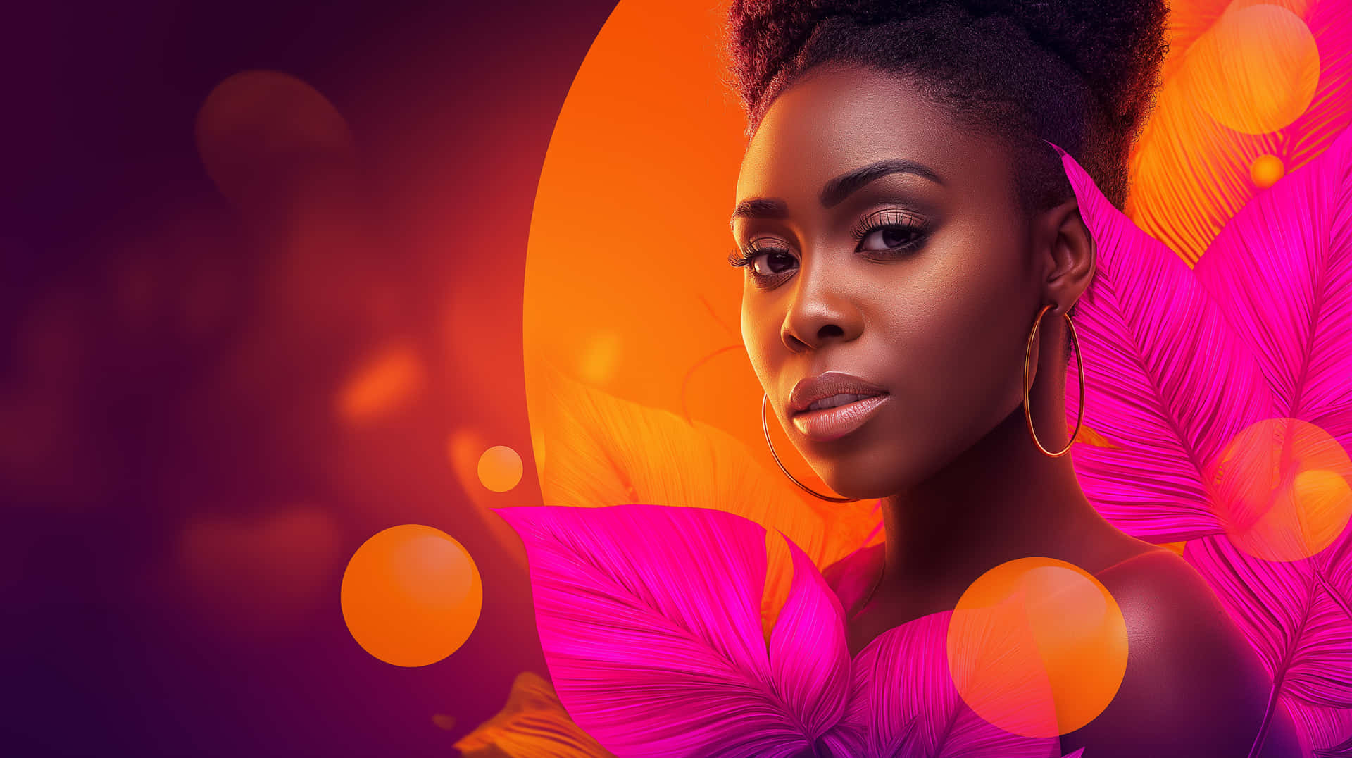 Woman Portrait with Vibrant Abstract Flora Background 壁紙 — 一位深色皮膚、辮子頭髮的女性，在閃爍的橙色和洋紅色背景前溫柔地凝視，背景點綴著大型熱帶葉片和散景光點。