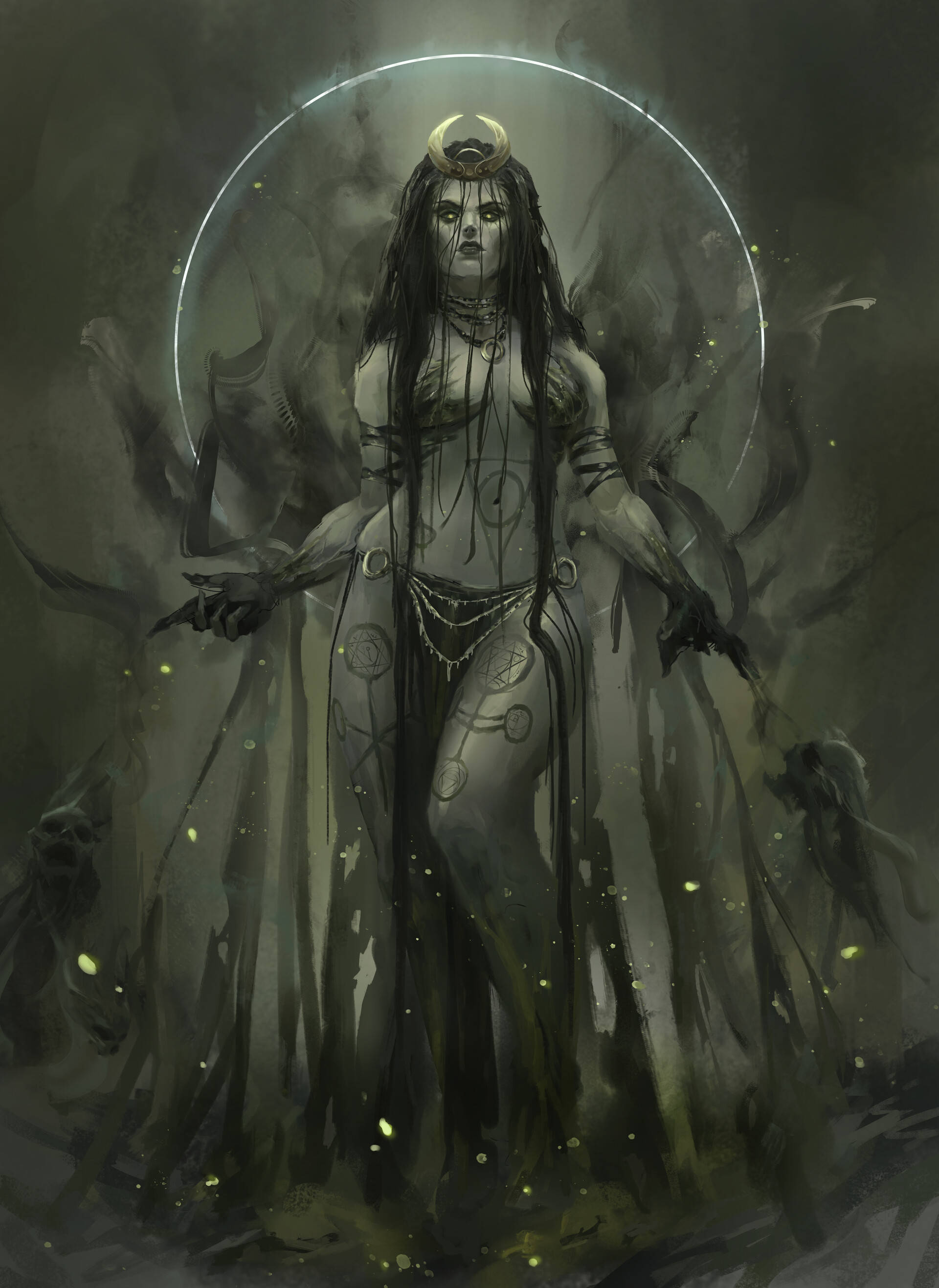 Enchantress 桌布 壁紙 — 一位深色皮膚、長著長辮子、戴著新月皇冠的女神站在發光的環前，周圍環繞著陰影人物和漂浮的餘燼。
