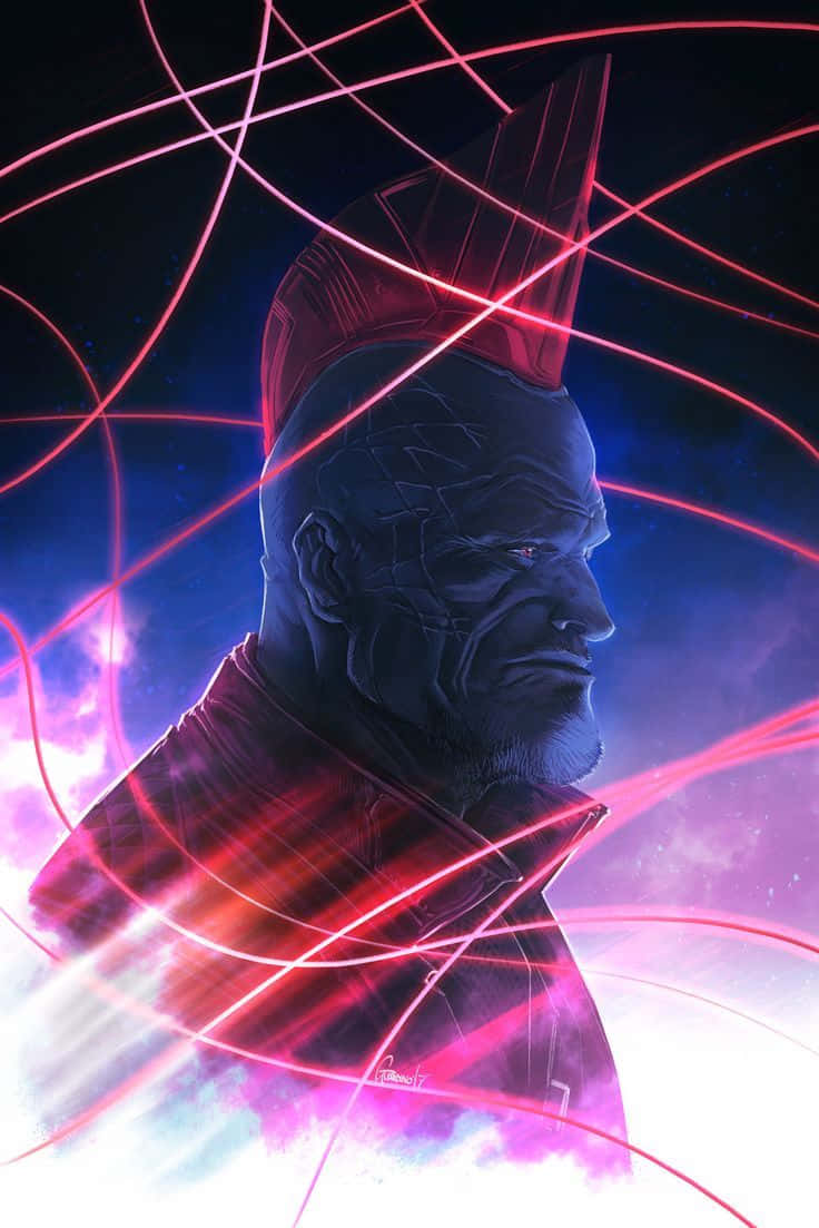 Yondu 桌布 壁紙 — 一位深色皮膚的戰士戴著尖刺頭盔，側面站在旋轉的紅色能量和星藍色太空的宇宙背景下。