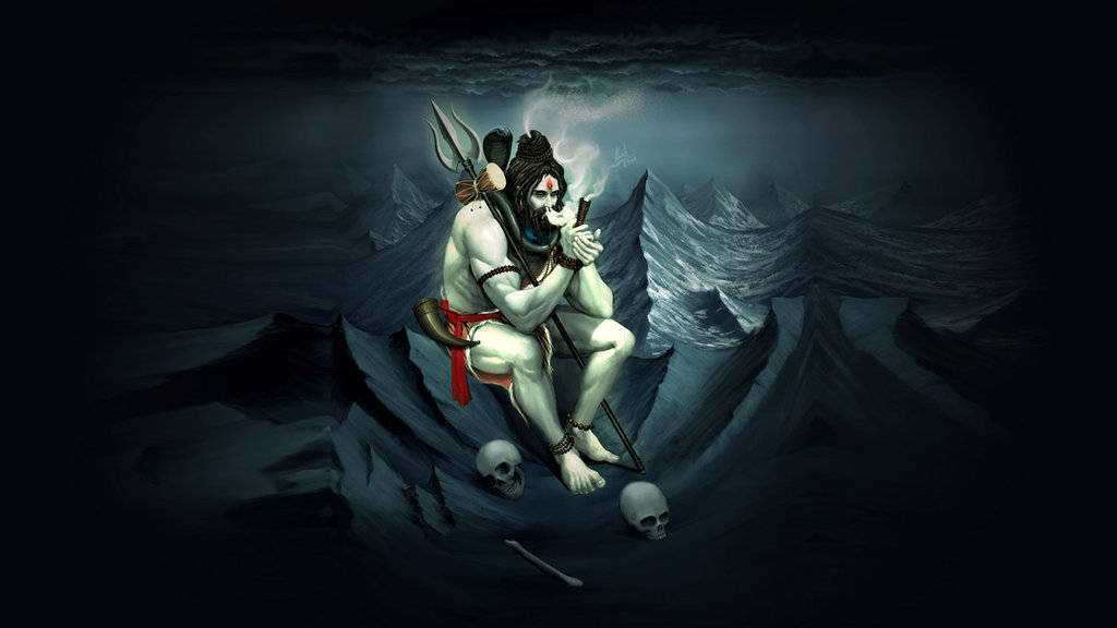angry shiva 桌布 壁紙 — 一位深色皮膚的神祇，擁有骷髏臉和三叉戟，坐在鋸齒狀的山峰上，周圍環繞著骷髏，天空風暴密佈。