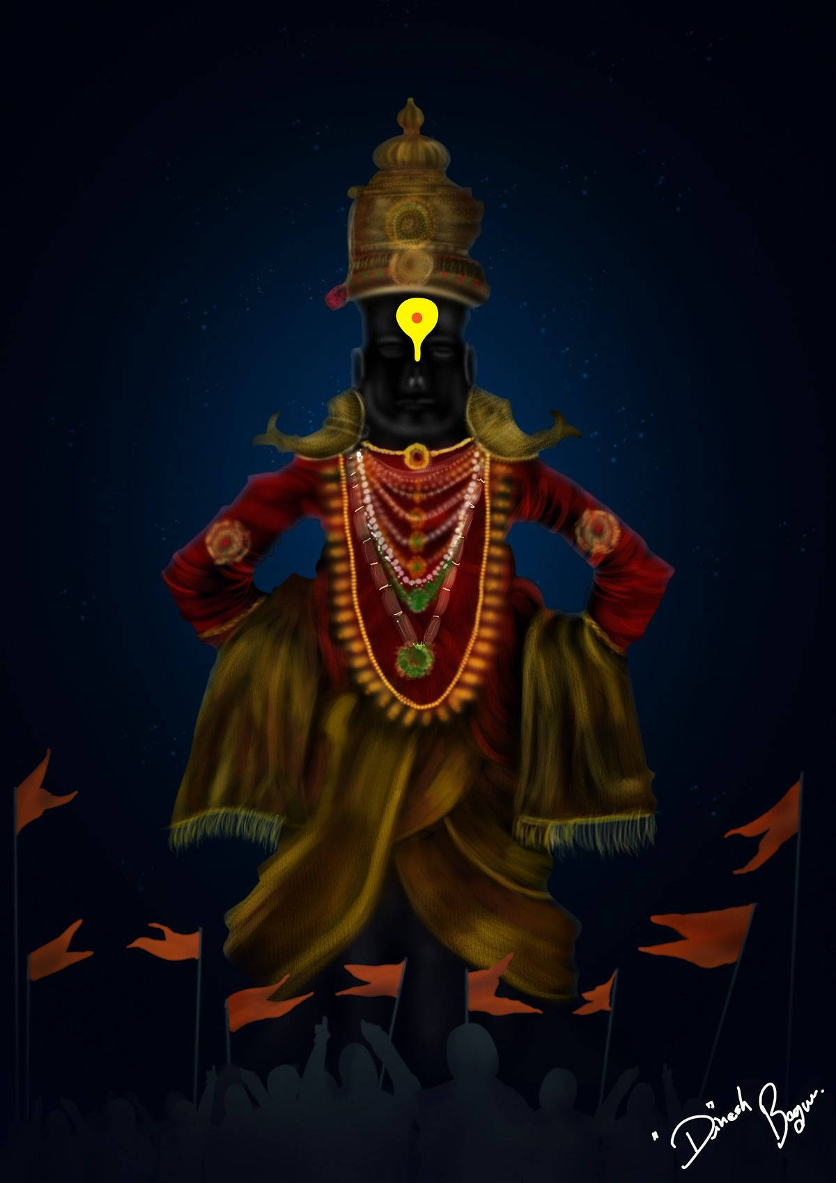 Indian 桌布 壁紙 — 一位深色皮膚的神祇，身穿華麗的紅色和金色服飾，在繁星點點的夜空下威嚴地站立，帶有發光的第三隻眼和下方的橙色旗幟。