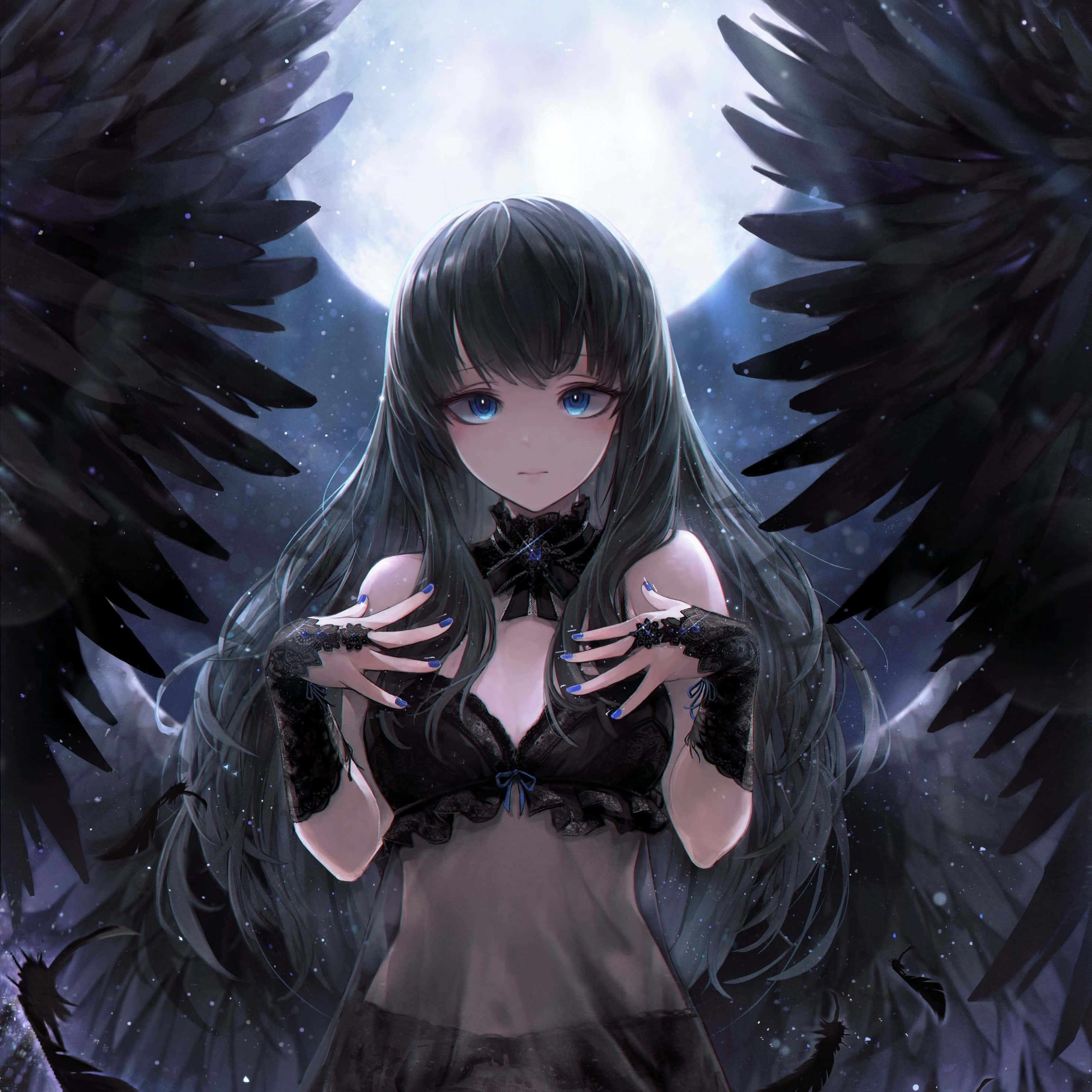 Dark Anime Girl 桌布 壁紙 — 一位深色翅膀的動漫女孩，藍色眼睛，穿著黑色蕾絲服裝，站在星夜中發光的月亮前。