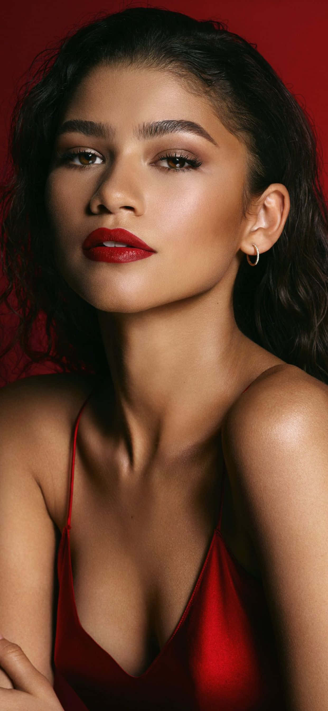Celebrity 桌布 壁紙 — 一位深色頭髮、大膽紅唇的女性在深紅色背景下直視鏡頭。