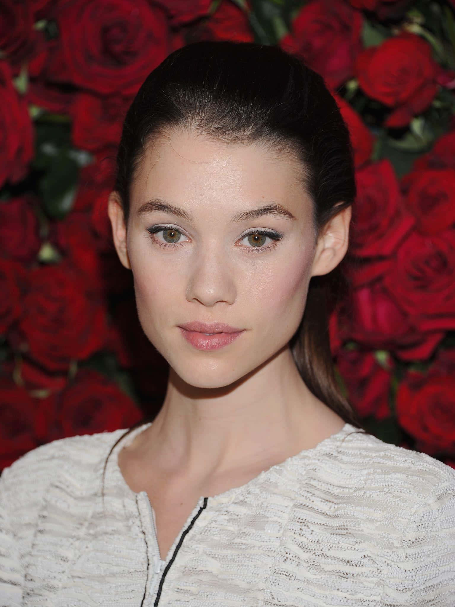 Astrid Berges Frisbey 桌布 壁紙 — 一位深色頭髮、妝容柔和、姿態優雅的女性，在茂盛鮮豔的紅玫瑰背景下向前凝視。