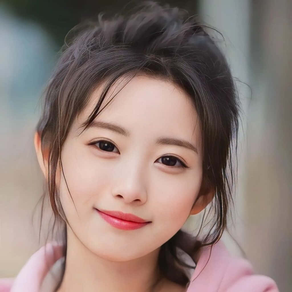 Cute Girl 桌布 壁紙 — 一位深色頭髮、帶著溫柔微笑的年輕女性穿著粉紅色連帽衫的特寫肖像。