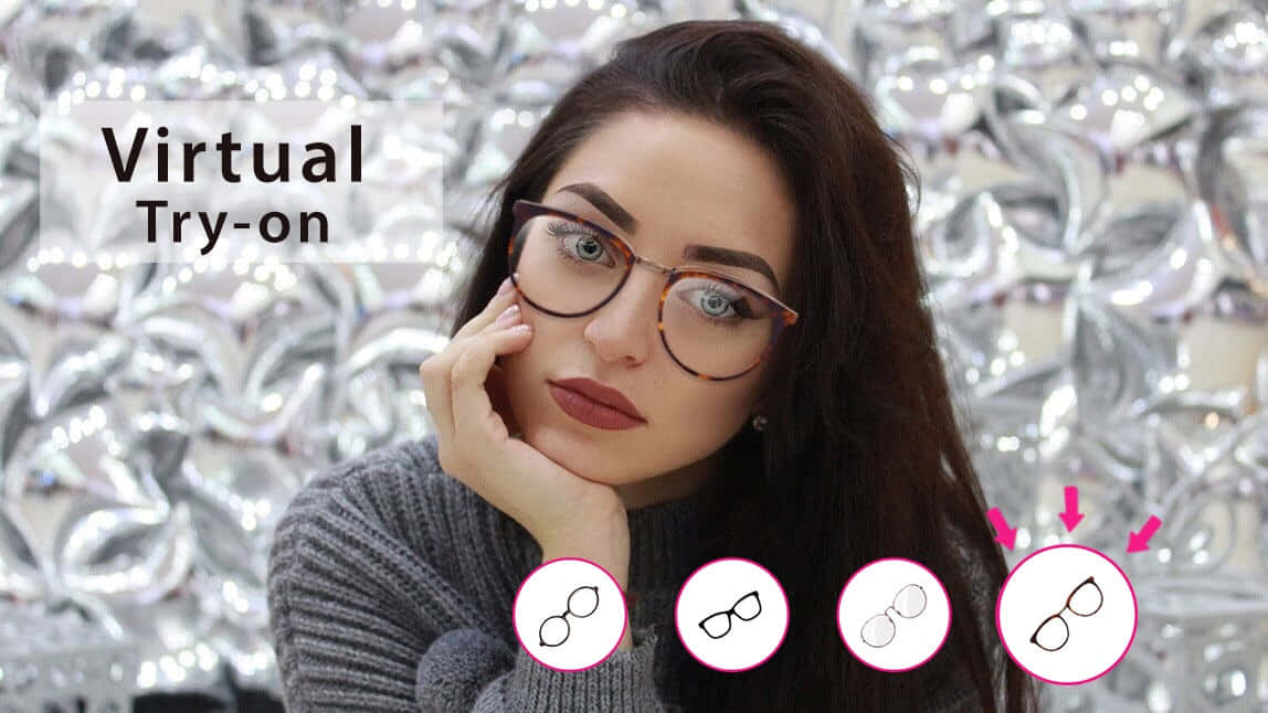 glasses 桌布 壁紙 — 一位深色頭髮、戴眼鏡的女性，在閃爍的銀色紋理牆前擺姿勢，牆上帶有虛擬試戴界面圖標。