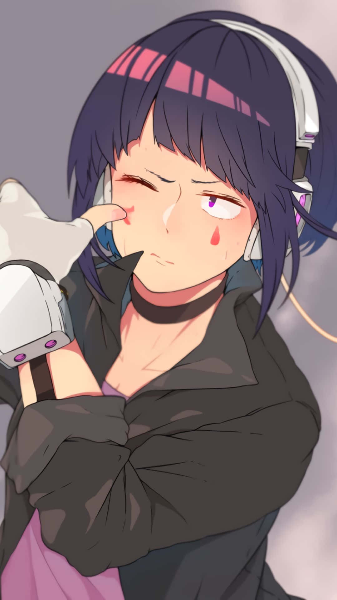 Kyoka Jiro 桌布 壁紙 — 一位深色頭髮、戴耳機的動漫女孩，拿著麥克風眨眼，臉紅並流下一滴淚。