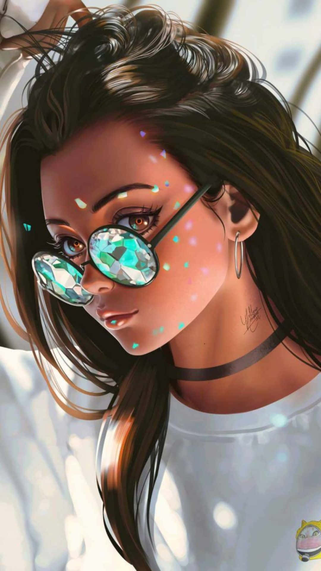 Cute Girl 桌布 壁紙 — 一位深色頭髮、戴著時尚眼鏡、飾有閃亮寶石的年輕女性，在明亮的背景下若有所思地凝視著。