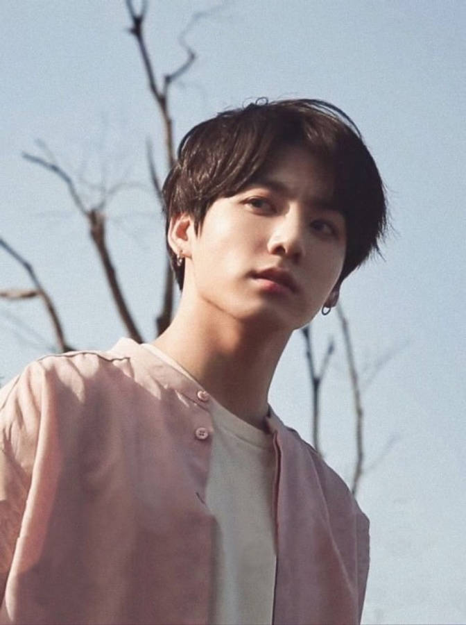 BTS 桌布 壁紙 — 一位深色頭髮、戴著耳環的年輕男子，在淡藍色天空和光禿樹枝的背景下，若有所思地向上凝視。