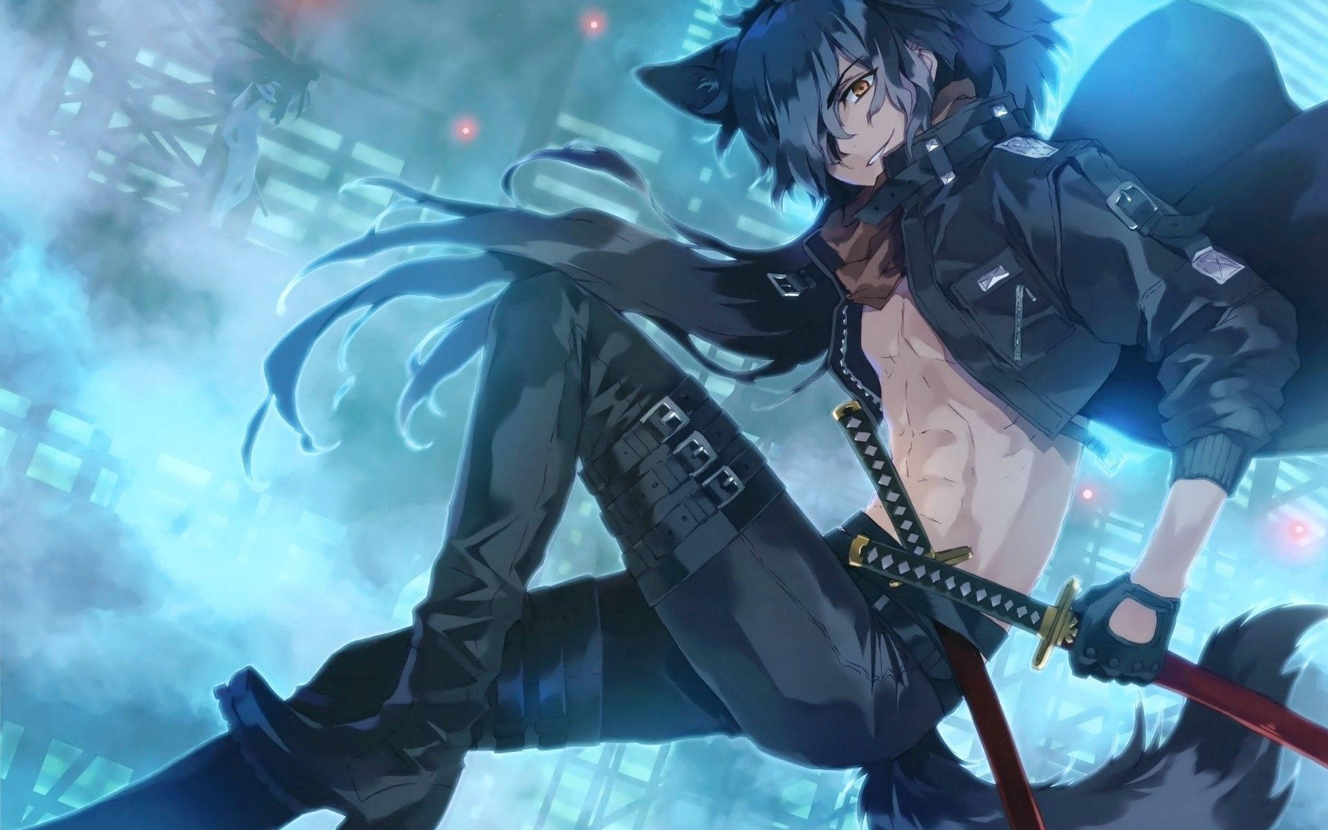 Anime Blue Boy 桌布 壁紙 — 一位深色頭髮、擁有狼耳和尾巴的動漫戰士，在發光的藍色煙霧和霓虹燈光中揮舞著武士刀。