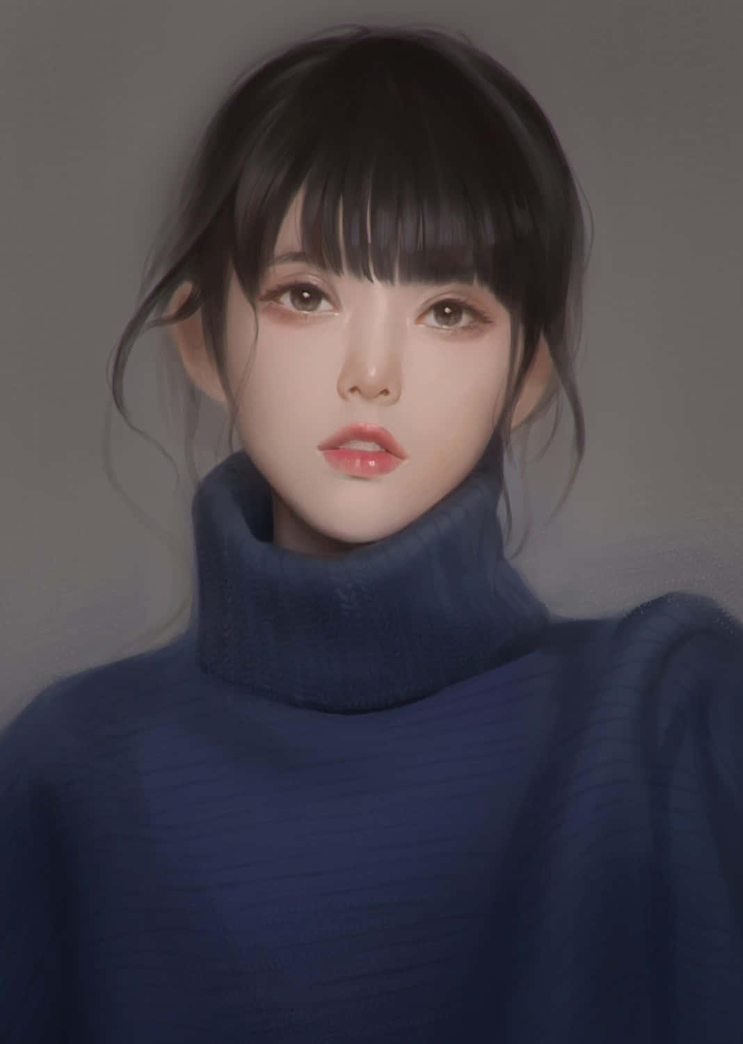 美女 桌布 壁紙 — 一位深色頭髮、有瀏海的年輕女性，在柔和的灰色背景前穿著深藍色高領毛衣。